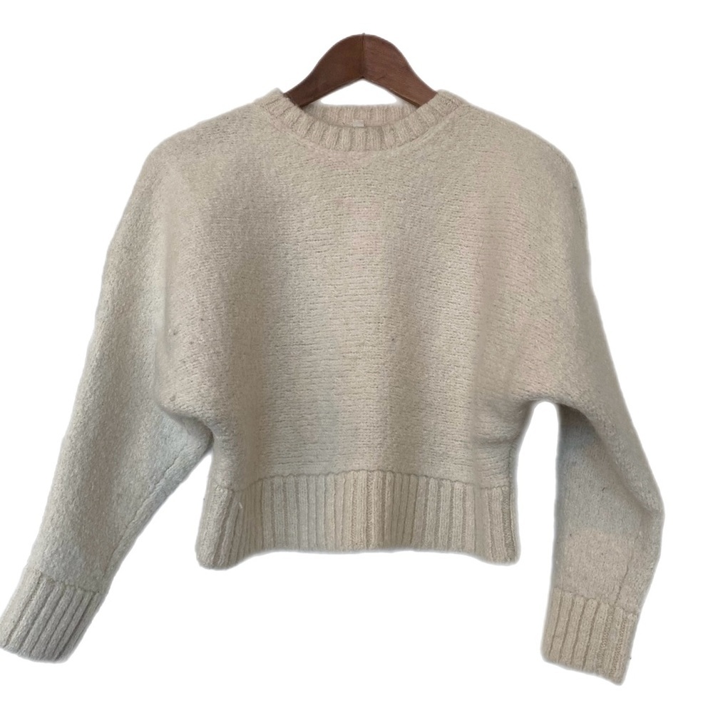 Aritzia BABATON Alpaca Ivory Crop Sweater 3/4 Batwing Sleeves Women's Size Small